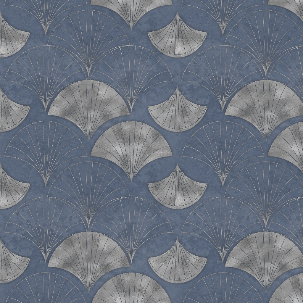 Pattern of silver fan shapes on a blue background