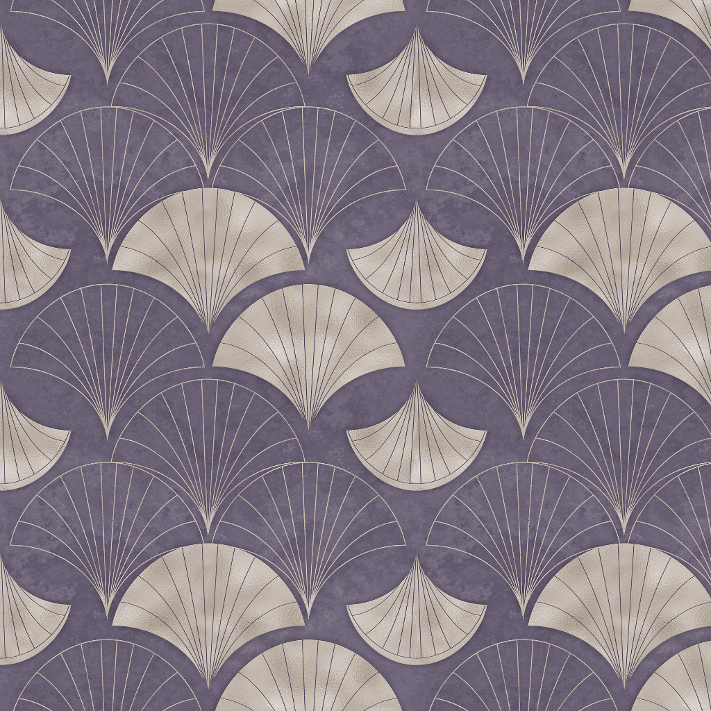 Patterned wallpaper with fan shapes on a purple background