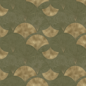 Pattern of gold fan shapes on a green background
